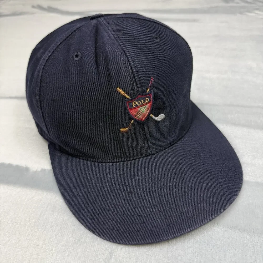 Vintage 90s Polo Ralph Lauren Golf Fitted Hat Navy Blue Plaid Crest Size Large